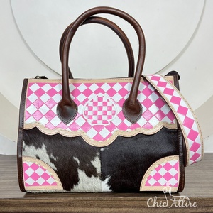 Large Capacity Classic Retro Women Casual Hand-<b>Tooled</b> <b>Leather</b> Checkered Pattern Tote Bag Popular Handbag Shoulder Crossbody Bags - Product Image 1