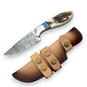 Cuchillo Skinner de Hoja Fija de Acero de Damasco con Mango de Turquesa y Asta de Ciervo, Funda de Cuero, Espiga Completa, para Caza y Camping, OEM - Product Image 1