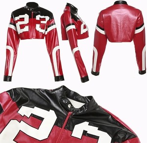 Women's Genuine Leather Breathable Printed Crop Jacket 23 Design <b>Red</b> & Black Streetwear Short Moto Coat Price - Product Image 5