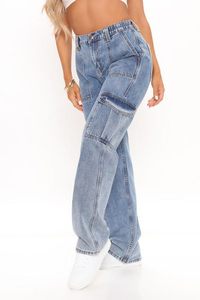 Pantalon Cargo Jeans Ample Décontracté Délavé Coupe Droite Personnalisé OEM pour Femmes, Jeans Femme Street Style Boyfriend - Product Image 4