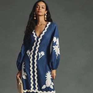 ชุดเดรสสำหรับผู้หญิงและเด็กผู้หญิงชุดเดรสปักลายสีกรมท่าสวยงามมีสไตล์ - Product Image 1