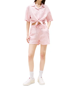 Ensemble deux pièces d'été pour femmes chemise courte à motif solide et short à cordon vêtements quotidiens pour les sorties décontractées de voyage à la plage - Product Image 1