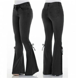 <b>Women</b> High quality Fashion Wear Flared Pants High <b>Waist</b> 100% Cotton <b>Jeans</b> Flared Pants - Product Image 2