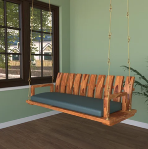 Columpio de madera elegante y moderno con respaldo de listón vertical y un cómodo cojín, perfecto para balcones, disponible al por mayor - Product Image 1