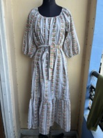 Robe midi décontractée à manches bouffantes et ceinture, imprimé floral pastel blanc, 100% coton, légère, tenue estivale élégante pour tous les jours