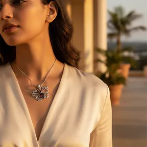 Pendentif Fleur Bohème Personnalisable en Argent 925 avec Pierre Grenat Art Palace, Bijou Femme pour Usage Quotidien - Product Image 1