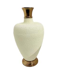 Modern white <b>textured</b> flower <b>vase</b> with golden top and base for living room and bedroom with premium handcrafted finished look - Product Image 1