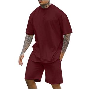 Conjunto de camiseta y pantalones cortos personalizados mezcla de algodón y poliéster liso teñido para hombre Conjunto de camiseta y pantalones cortos de 2 piezas - Product Image 5