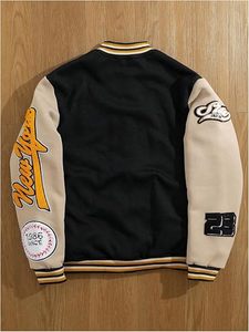 Chaqueta Varsity de los New York Mustangs, Negra y Beige, con Logotipo de NY Bordado, Ribete en Contraste, Cuello Redondo, Chaqueta Deportiva Clásica para Adultos - Product Image 2