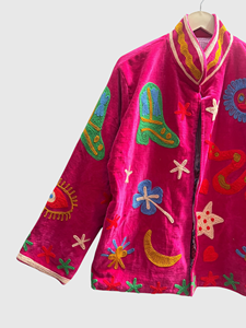 Veste en velours rose brodée, col mandarin, manches longues, motif artisanal, pour femme adulte, tenue d'automne - Product Image 4