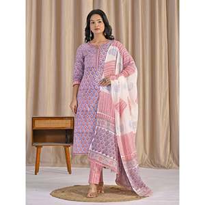Hand <b>Block</b> <b>Printed</b> Cotton Anarkali Kurta Pant Set Indian Ethnic Style Party Wear for Special Occasions Made From Net Fabric - Product Image 2