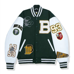 Veste universitaire pour homme, corps vert foncé, manches blanches, patch en chenille, veste de baseball brodée, tricot côtelé rayé - Product Image 1