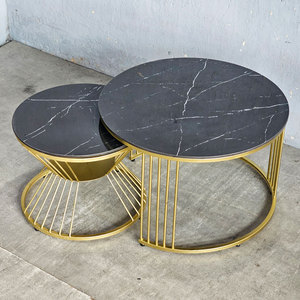 Modern Farmhouse Double Sofa <b>Table</b> with Stone Top and Iron Frame Nesting Movable <b>Side</b> <b>Table</b> for Entry or Living Room TT68214 - Product Image 5