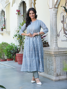 Polyester géométrique imprimé Anarkali Kurta avec Dupatta mollet longueur 3/4ème manches col cranté fabricant direct de femmes Kurti - Product Image 2