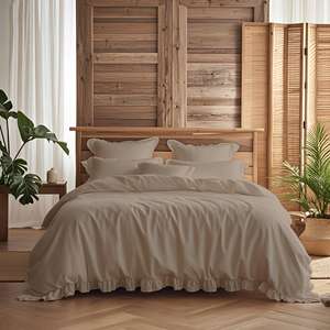 Parure de lit de luxe marron à volants 4 pièces en polycoton : housse de couette, drap-housse, taies d'oreiller - Product Image 5