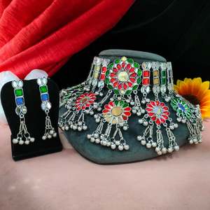 Conjunto de Gargantilla de moda de diseño moderno oxidado multicolor para mujer cuentas elegantes piedras preciosas adornadas alrededor del cuello collar afgano - Product Image 2