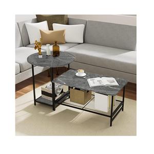 Table basse moderne en marbre noir, étagères de rangement rondes et rectangulaires en bois - Product Image 1