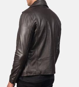 Men's Dark Brown Genuine <b>Lambskin</b> Biker <b>Jacket</b> Asymmetrical Zip Winter Eco-Friendly Breathable Slim Fit Motorcycle Outerwear - Product Image 4
