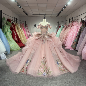 Dy1538 <b>Blush</b> Pink Off Shoulder Ruffle Tulle Ball Gown Quinceanera Dress Floral Applique Sweet 15 Prom Jancember - Product Image 2