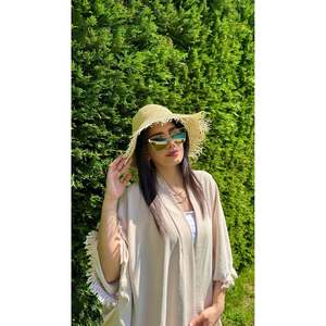Sombrero de Paja Tejido a Mano con Textura Natural Beige - Ala Ancha con Bordes con Borlas, Accesorio de Verano HSR2097 - beige2097 - Product Image 3