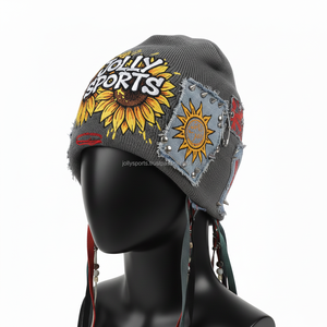 หมวกบีนนี่ไหมพรมอะคริลิกพรีเมียมสำหรับผู้หญิง 200 GSM อุ่นสบายสำหรับฤดูหนาว สีเทา หลากสี ปักลายโลโก้โลหะติดหมวก หมวกบีนนี่ลาย jacquard - Product Image 3