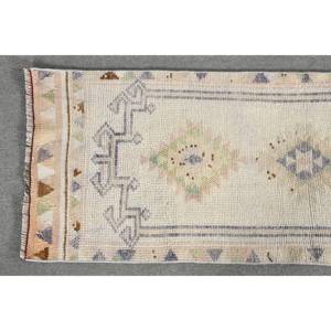 พรมตุรกีโบราณ2.4 x 11.5ft เบจขนสัตว์สานแบนพร้อมลวดลายปริศนาและยางรองดีไซน์ห้องโถงทรงสี่เหลี่ยมผืนผ้า - Product Image 3