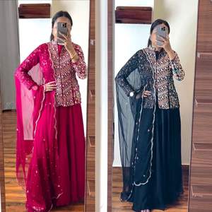 Nueva llegada elegante Heavy Boutique Collection Georgette Plain Lehenga con Secuencia de trabajo superior y Dupatta de proveedor mayorista - Product Image 6