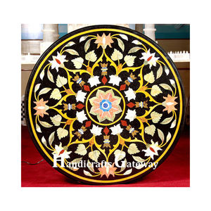 Mesa de centro de mármol negro de forma redonda de lujo, encimeras elegantes de trabajo con incrustaciones duraderas hechas a mano para sala de estar, muebles para el hogar - Product Image 1