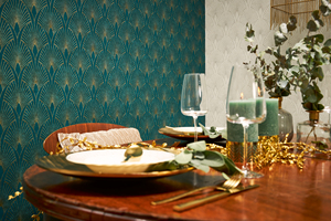 Rouleaux de papier peint Art déco moderne de fabrication allemande Bleu Or 10,05x0,53 m Vinyle non tissé pour la décoration de la maison Damas pour le salon - Product Image 4