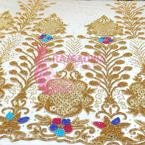 Tela de organza con cuentas doradas con lentejuelas Bordado neto Encaje Cordones Telas Bordado con cuentas Encaje L - Product Image 4