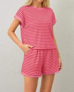 Conjuntos de salón de 2 piezas de verano para mujer, camisetas de manga corta a rayas, Mini Pantalones cortos, Conjunto de pijama acanalado - Product Image 3