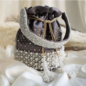 Beautiful Grey Silk Satin <b>Potli</b> Wrist <b>Bags</b> Embellished Crystal Glass Beads,stone,pearls Embroidery for Party-wear/wedding @ 2024 - Product Image 1