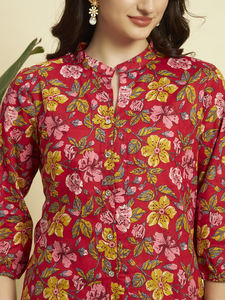Premium Cotton Floral <b>Short</b> Kurti Palazzo One Set <b>Women</b> | Summer | Slit Design | Button Pattern | Breathable Fabric | Casual - Product Image 5