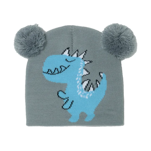 Gorro de lana con patrón de dinosaurio de dibujos animados para niños, gorro de lana con bola de piel, gorro a prueba de viento para exteriores de otoño e invierno - Product Image 2