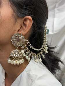 Bridal Ethnic Chandelier Earrings with Pearl Chain & Matching Maang Tikka Gold Plated Traditional Jewelry <b>Set</b> for <b>Gift</b> - Product Image 2