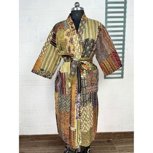 <b>Kantha</b> Pure Cotton Reversible Short Kimono Women's Beige Brown Patchwork <b>Jacket</b> Swimsuit Cover Ups - Product Image 1