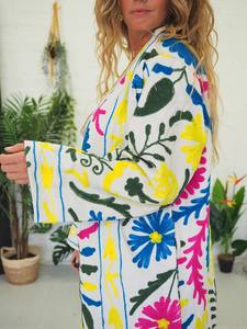 Multicolor Cotton Kimono with Embroidered Mandarin Collar Festival <b>Coat</b> - Product Image 3