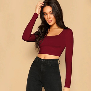 Nueva llegada de las mujeres Crop Tops 100% algodón transpirable ajustado Sexy manga larga Top logotipo personalizado venta al por mayor Mehroon Color sólido - Product Image 1