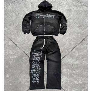 Conjunto de Dos Piezas de Sudadera con Capucha de Felpa Francesa de Algodón Grueso para Hombre, Estilo Vintage Lavado Personalizado, Chándal Holgado con Pedrería Desgastada por el Sol - Product Image 2