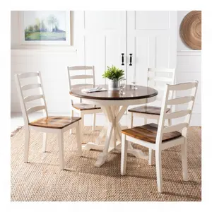 乡村农舍实木圆形餐桌套装4把白色和天然椅子餐厅酒店咖啡厅家具木制套装