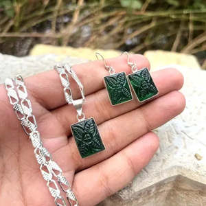 Collier et boucles d'oreilles sculptés en quartz vert de qualité AAA+, plaqués argent 925, faits à la main, ensemble de 10 pièces, certificat d'authenticité Cus-Jew76 - Product Image 2