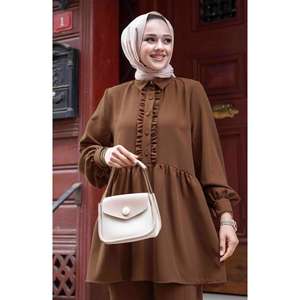 ชุดฮิญาบด้านหน้าแต่งระบายสีน้ำตาล2ชิ้นผ้ามีลวดลายตกแต่ง - Product Image 2
