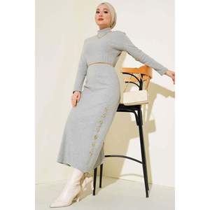 Vestido Plisado Abotonado Gris - Product Image 3