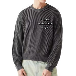 Vente en gros de pull en tricot côtelé 100% coton doux personnalisé de couleur unie pull avec logo brodé pour homme tricots Streetwear OEM - Product Image 1