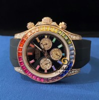 Montre automatique fantaisie en acier inoxydable avec verre de style hip-hop, sertie de pierres de laboratoire arc-en-ciel, taille baguette, clarté VVS, étincelante et charmante