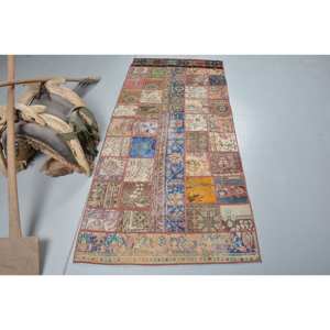 Vintage Eclectic Turkish Wool <b>Rug</b> 31 X 67ft Beige Oasis Handmade <b>Boho</b> Patchwork Design Dining Room Eco Friendly Medium Pile - Product Image 1