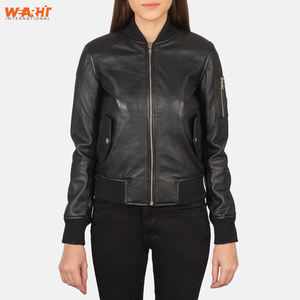 Manteau d'hiver pour femmes en cuir d'agneau noir véritable veste Bomber col montant fermeture éclair coupe ajustée vêtements d'extérieur Style de rue respirant - Product Image 1