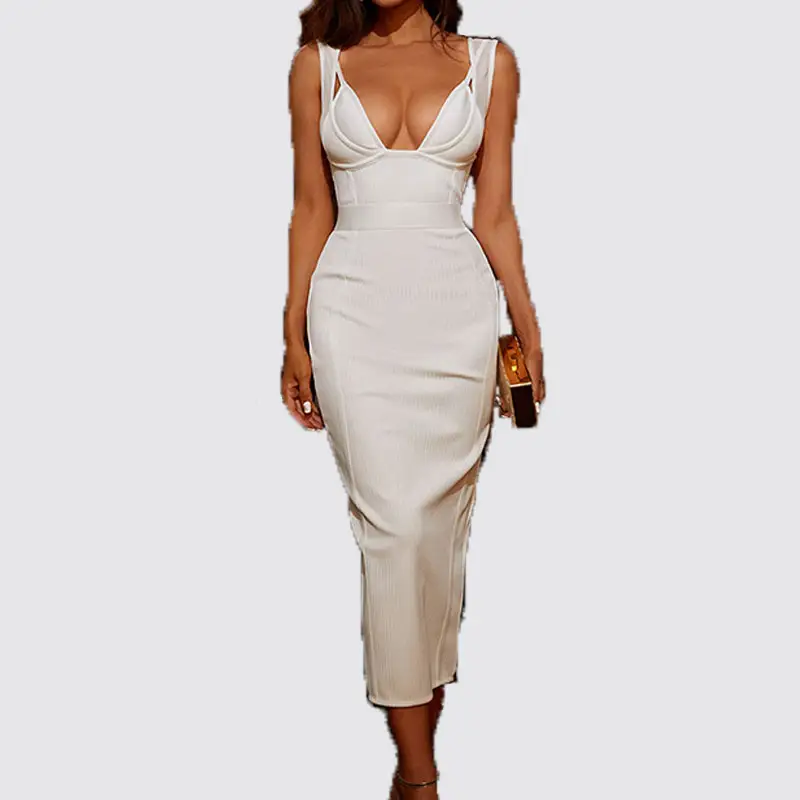 Vrouwen Bandage Maxi Jurk V-hals Sexy Backless Mode Strakke Runway Club Party Avondjurken