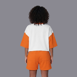 Ensemble 2 pièces pour femme en jersey 100% coton OEM/ODM, logo imprimé sur mesure en sérigraphie, coupe oversize à épaules tombantes, bicolore. - Product Image 2