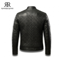 Blouson de motard en cuir véritable pour homme - Coupe ajustée avec surpiqûres losanges et logo frontal